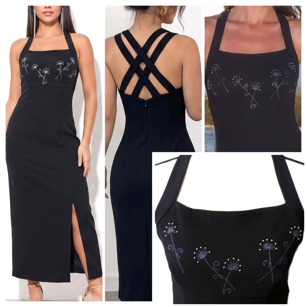 Vtg Black Halter Maxi Dress 8 P Empire embroidered dandelion Whimsigoth Vampy